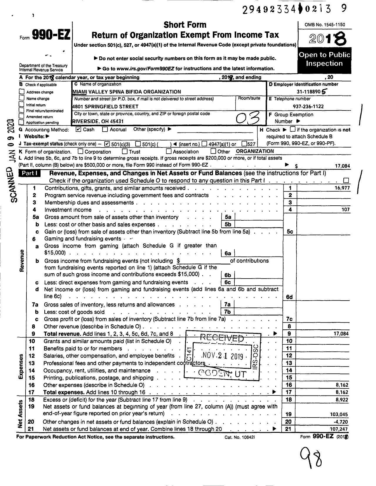 Image of first page of 2018 Form 990EZ for Miami Valley Spina Bifida Organization