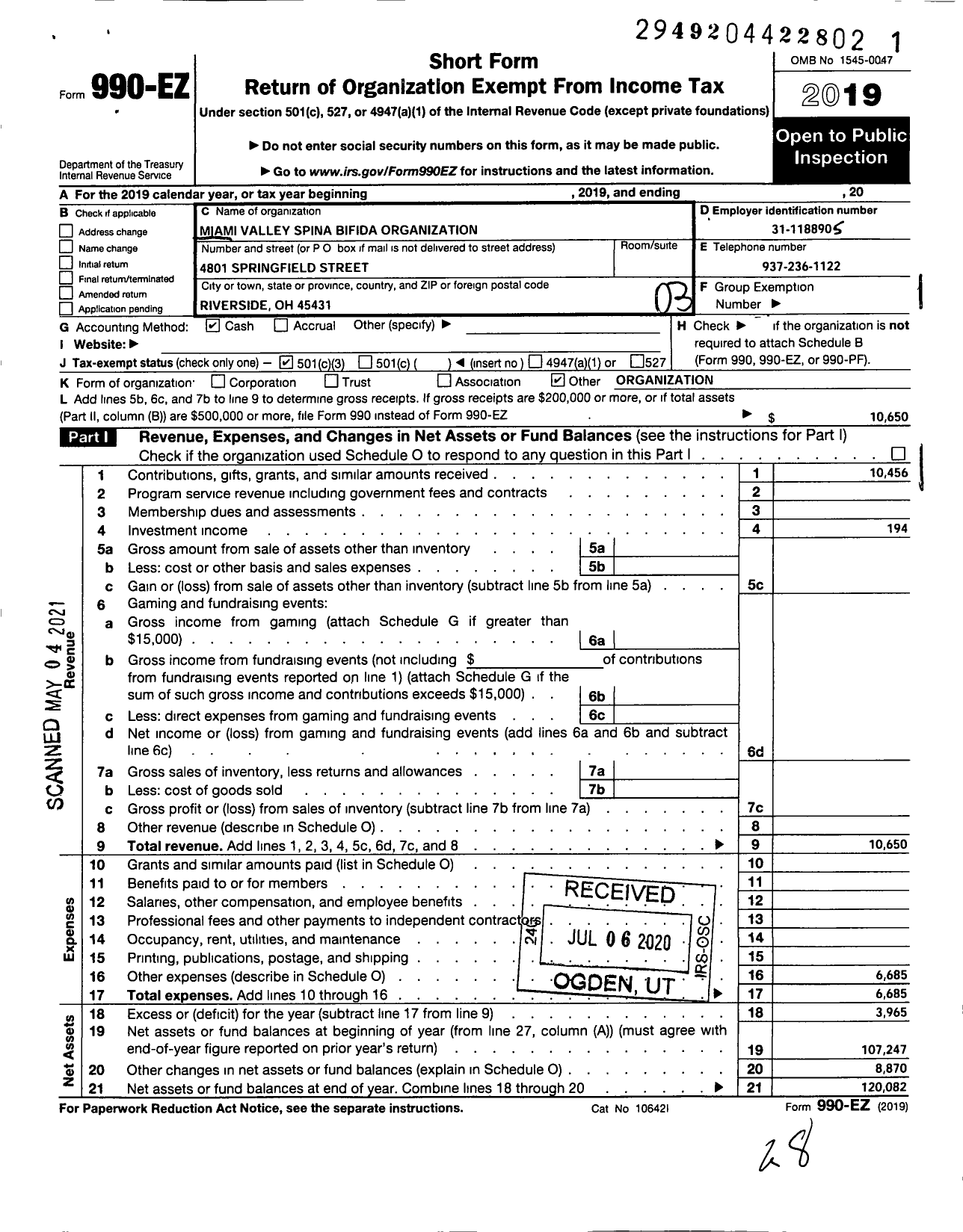 Image of first page of 2019 Form 990EZ for Miami Valley Spina Bifida Organization