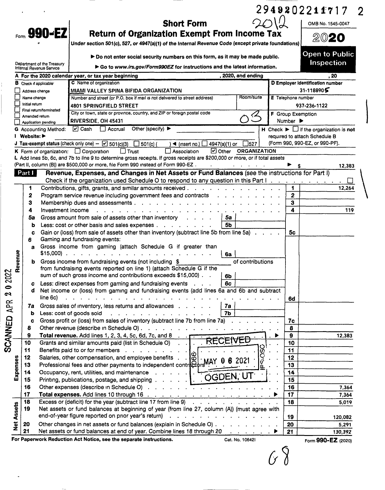 Image of first page of 2020 Form 990EZ for Miami Valley Spina Bifida Organization