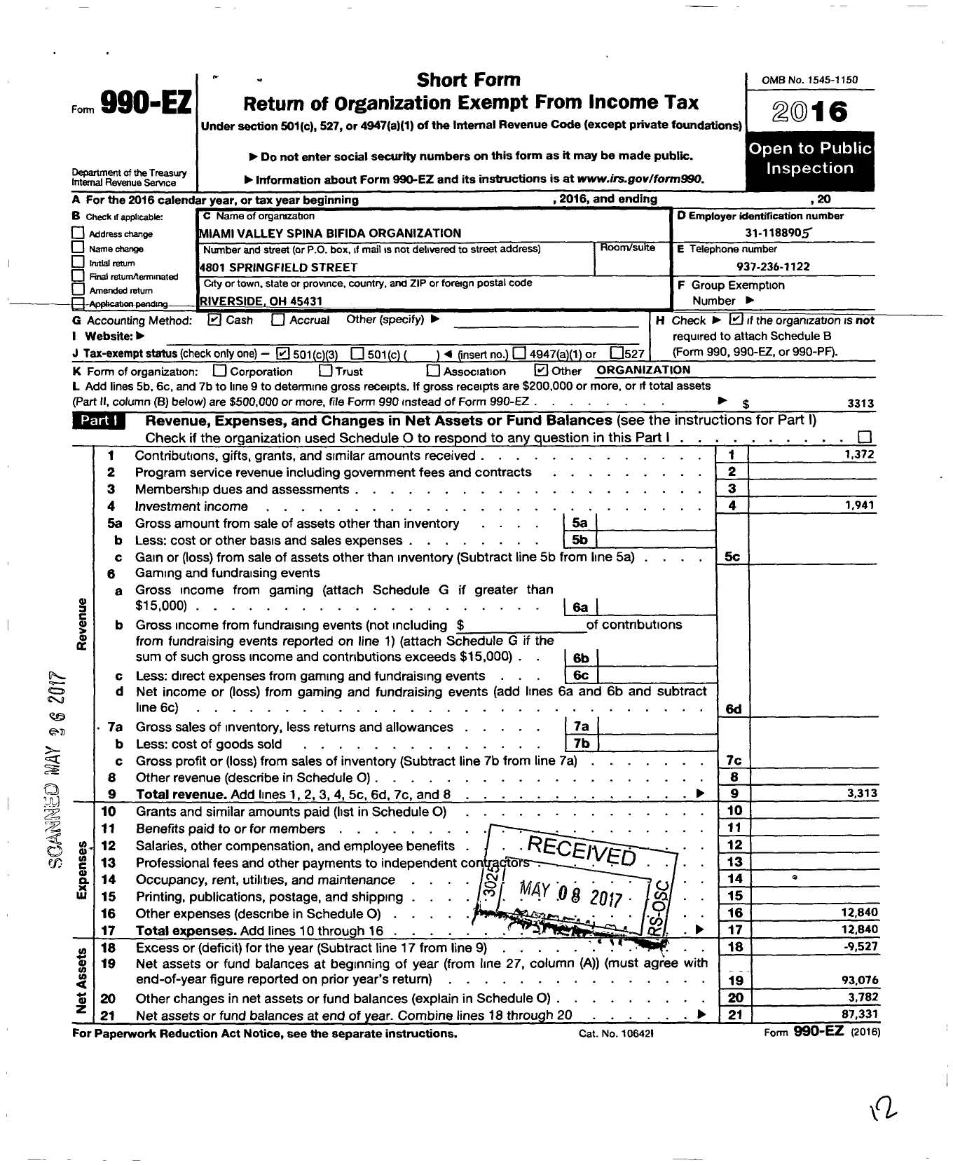 Image of first page of 2016 Form 990EZ for Miami Valley Spina Bifida Organization