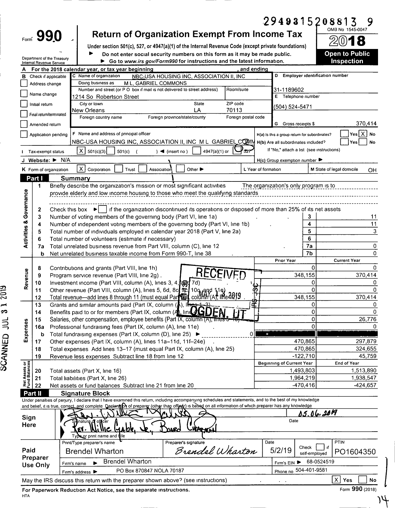 Image of first page of 2018 Form 990 for ML Gabriel Commons