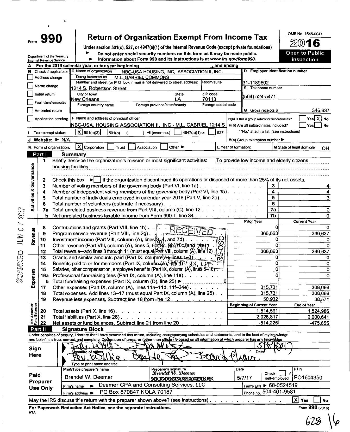 Image of first page of 2016 Form 990 for ML Gabriel Commons