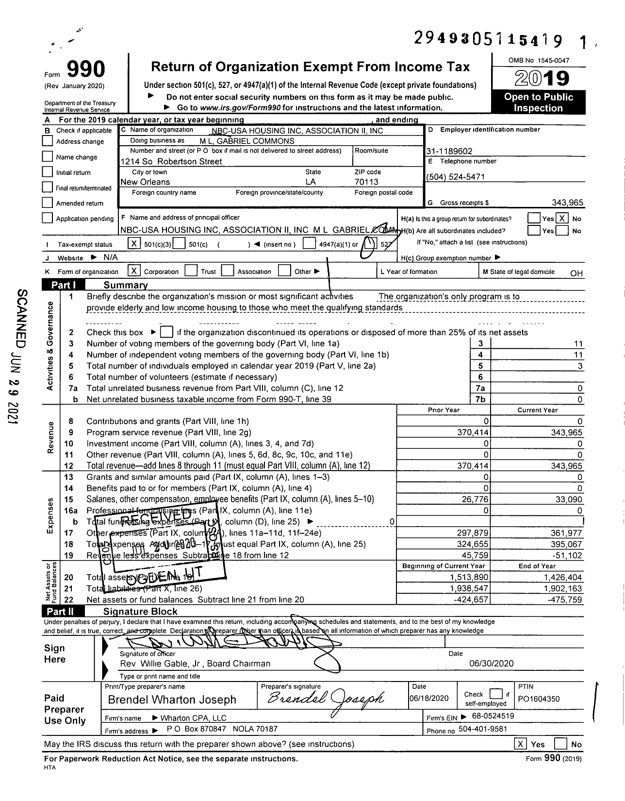 Image of first page of 2019 Form 990 for ML Gabriel Commons