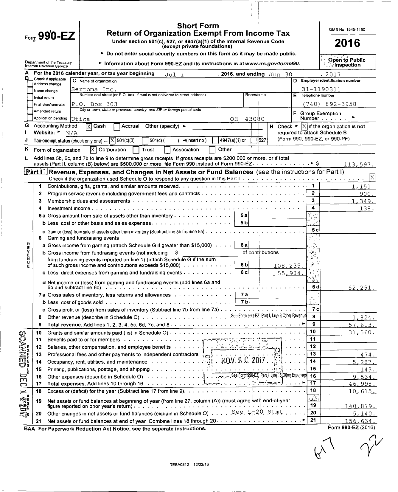 Image of first page of 2016 Form 990EZ for Sertoma - 10753 Utica Sertoma Club