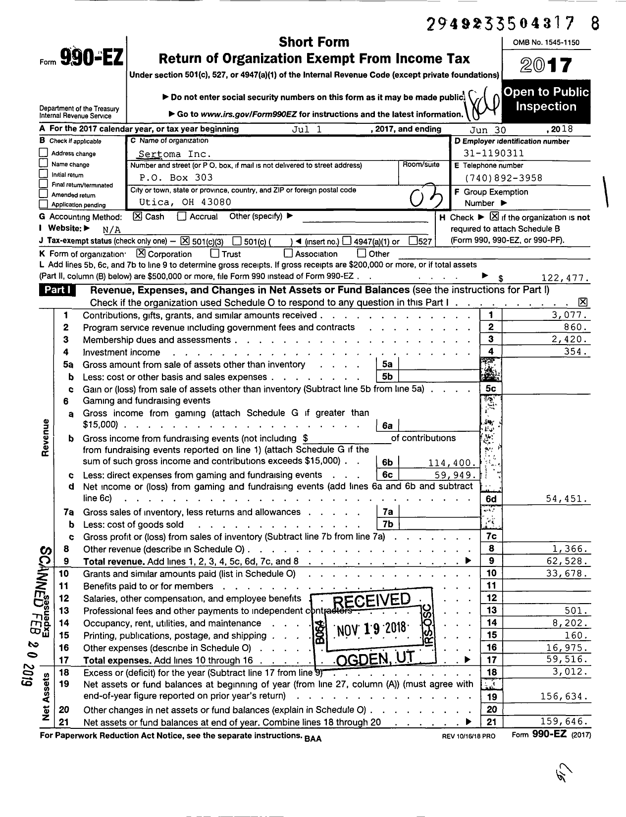 Image of first page of 2017 Form 990EZ for Sertoma - 10753 Utica Sertoma Club