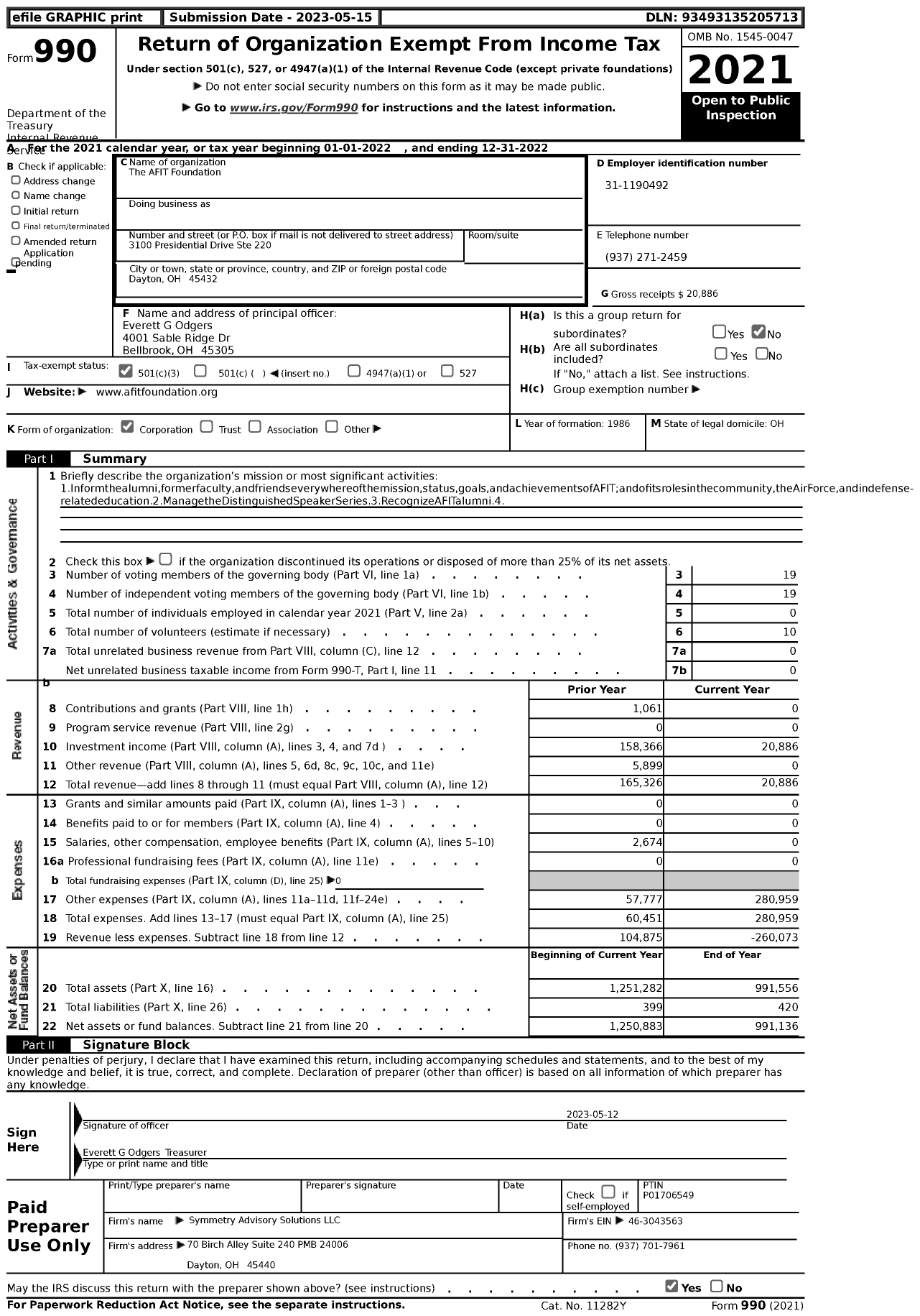 Image of first page of 2022 Form 990 for The AFIT Foundation