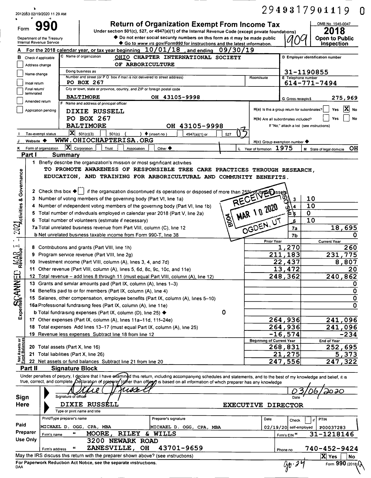 Image of first page of 2018 Form 990 for Ohio Chapter International Society of Arboriculture