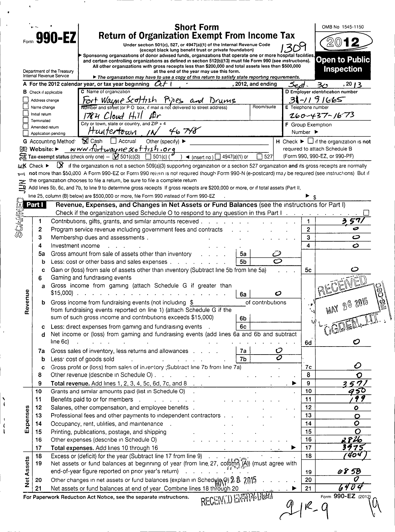 Image of first page of 2012 Form 990EZ for Fort Wayne Scottish Pipes and Drums