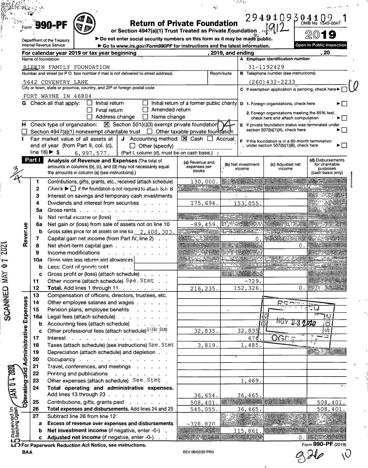 Image of first page of 2019 Form 990PF for Rifkin Family Foundation