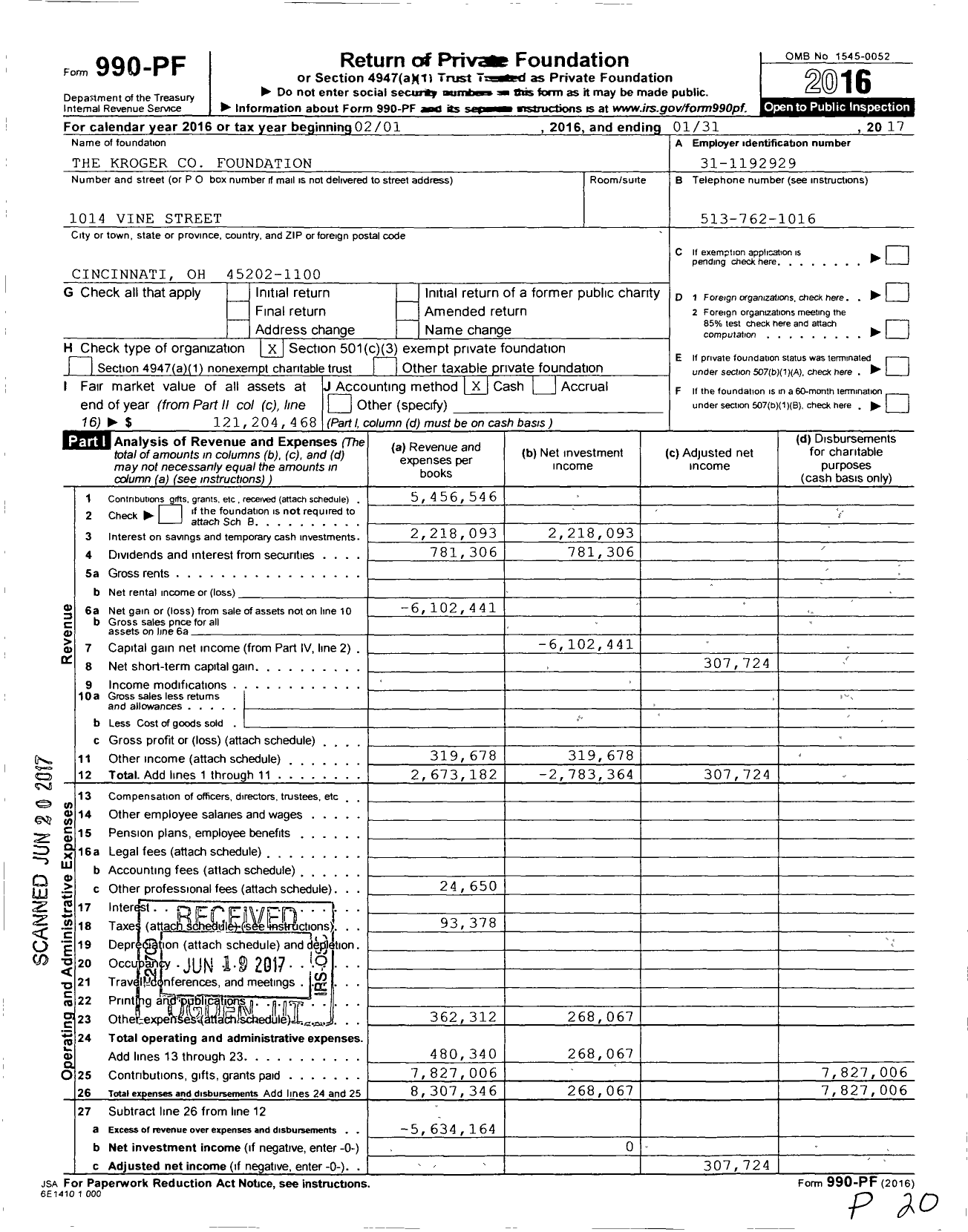 Image of first page of 2016 Form 990PF for The Kroger Foundation