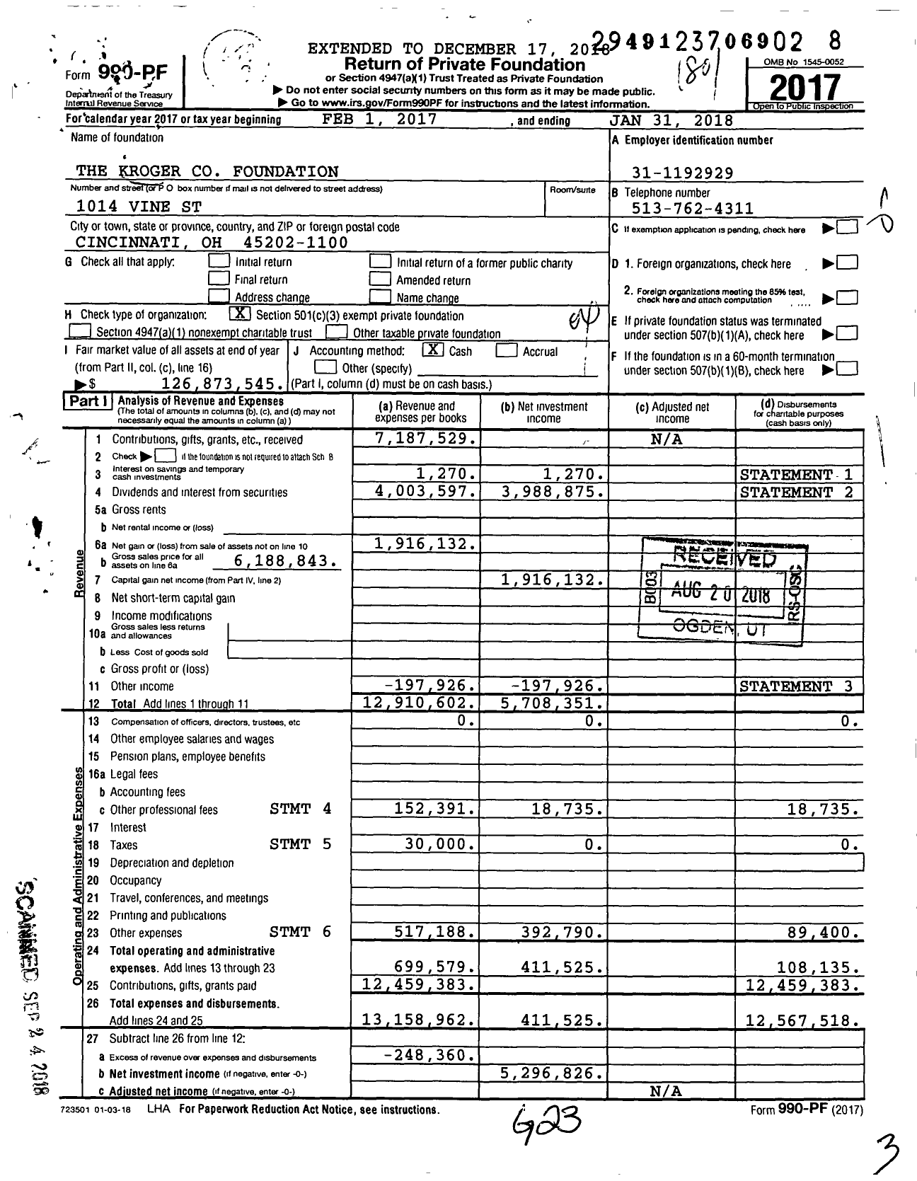 Image of first page of 2017 Form 990PF for The Kroger Foundation