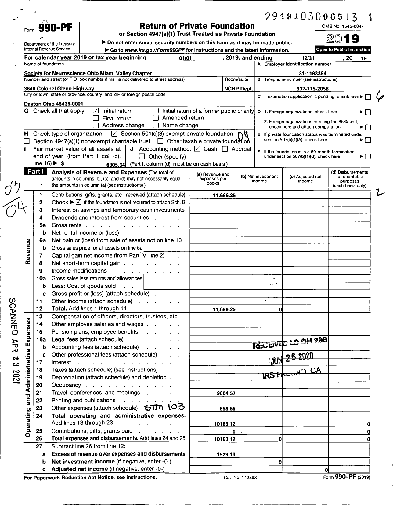 Image of first page of 2019 Form 990PF for Society for Neuroscience / Ohio Miami Valley Chapter