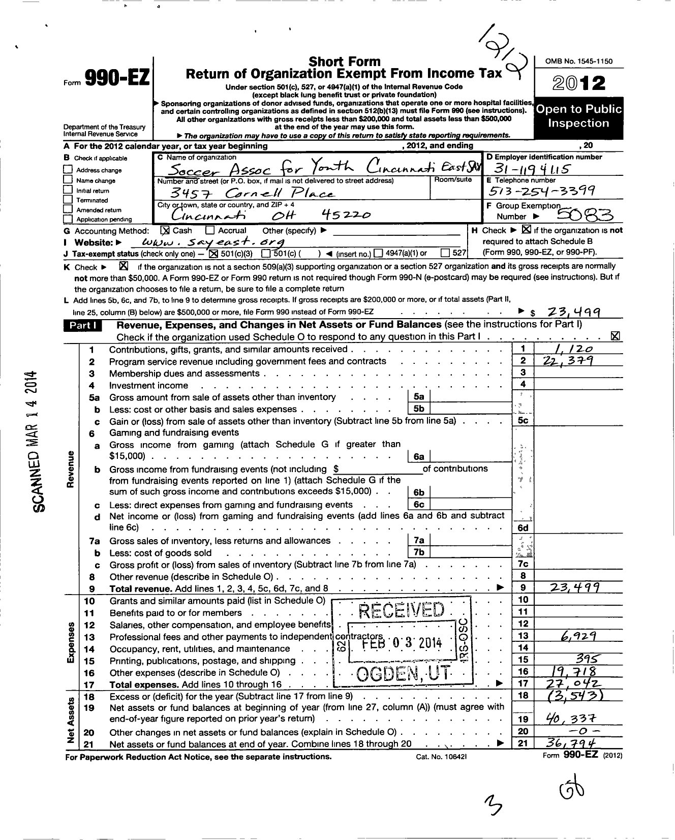 Image of first page of 2012 Form 990EZ for Soccer Association for Youth / Cincinnati East Say