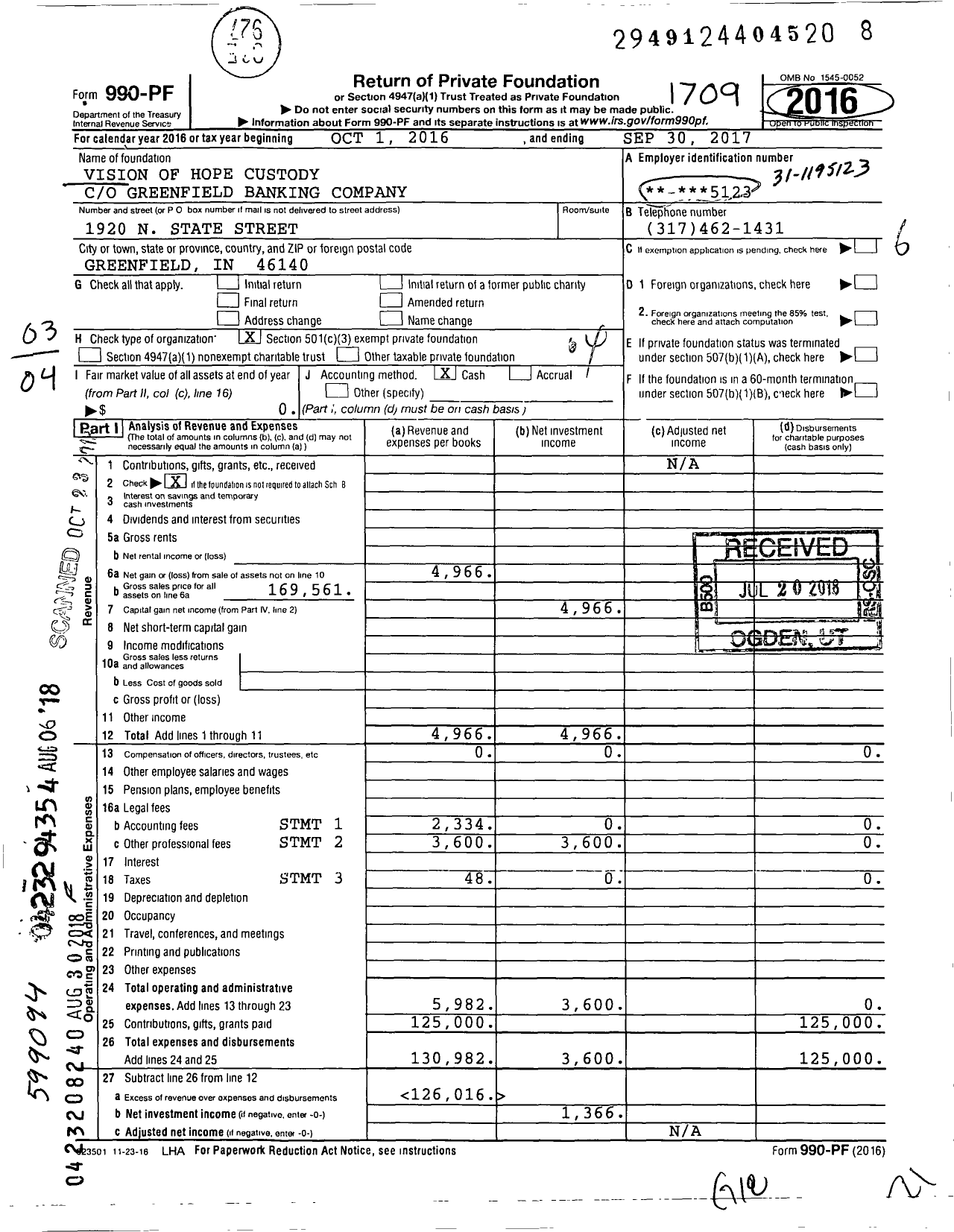 Image of first page of 2016 Form 990PF for Vision of Hope Custody