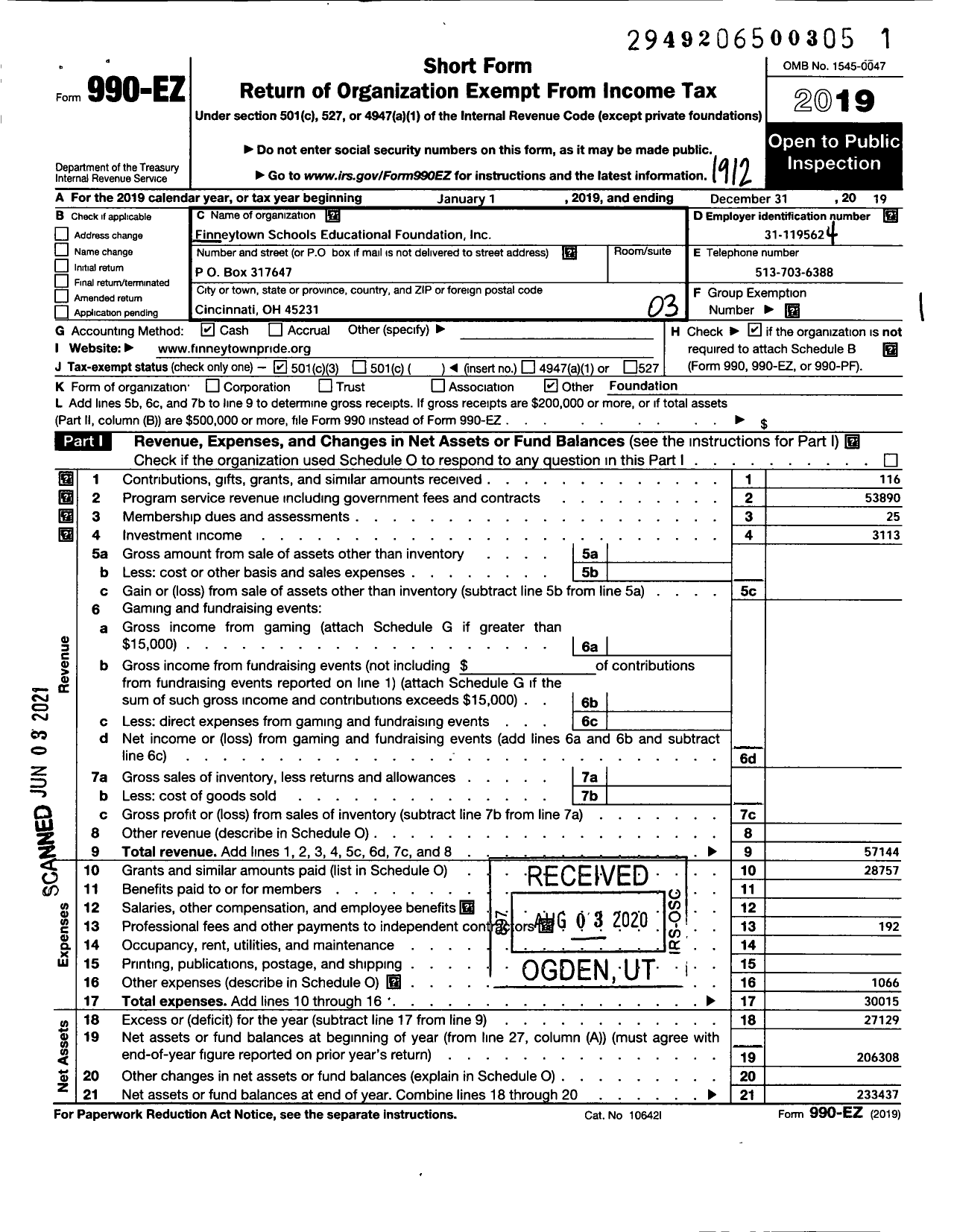 Image of first page of 2019 Form 990EZ for The Finneytown Schools Educational Foundation