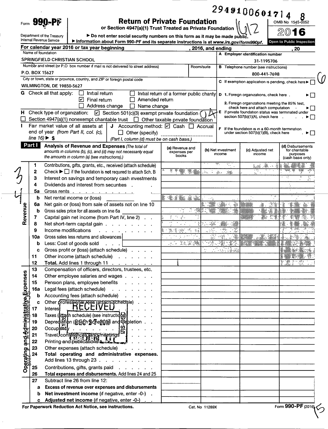 Image of first page of 2016 Form 990PF for Springfield Christian Schools Endowment Fund