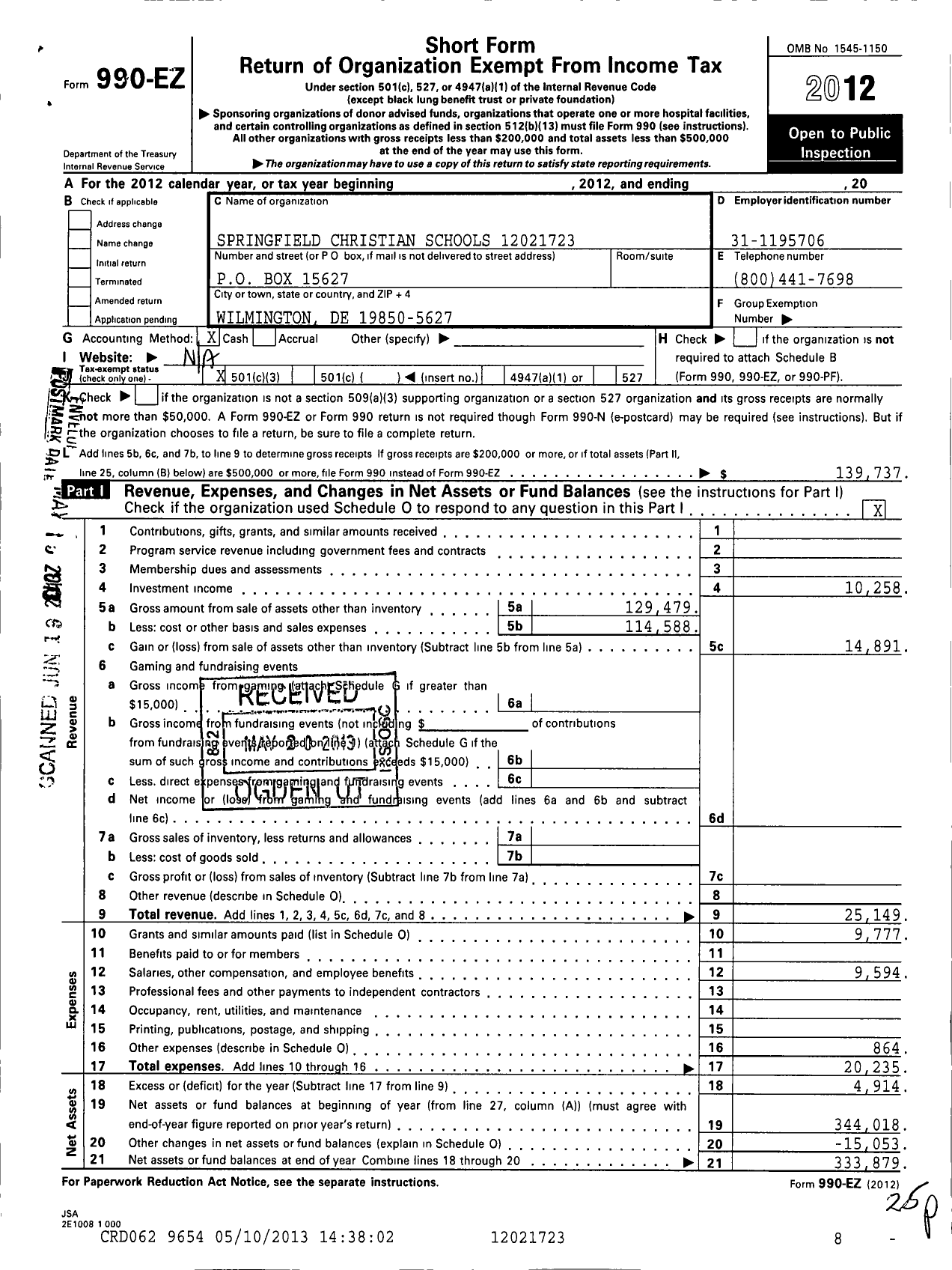 Image of first page of 2012 Form 990EZ for Springfield Christian Schools Endowment Fund