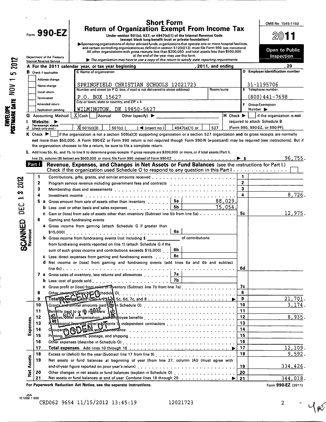 Image of first page of 2011 Form 990EZ for Springfield Christian Schools Endowment Fund