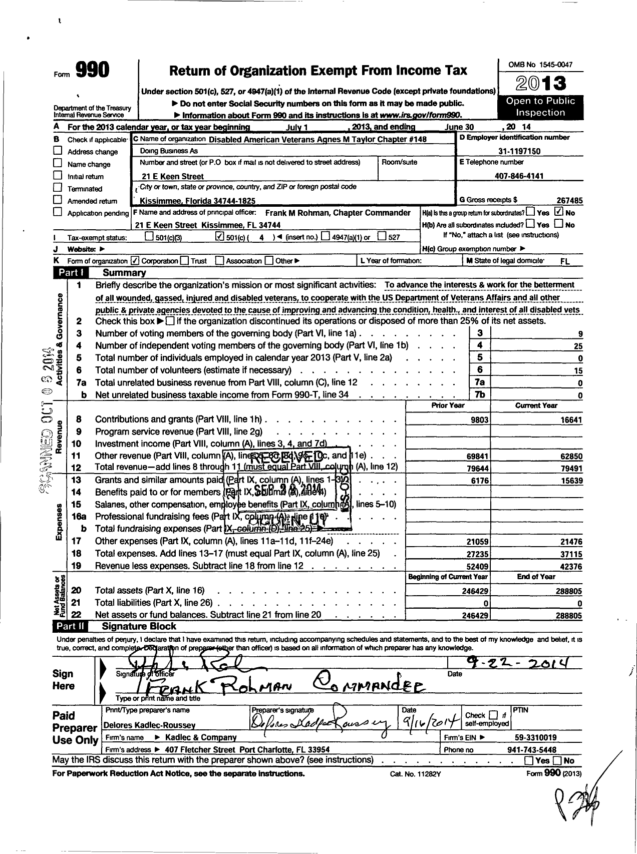 Image of first page of 2013 Form 990O for Disabled American Veterans - 148 Agnes M Taylor