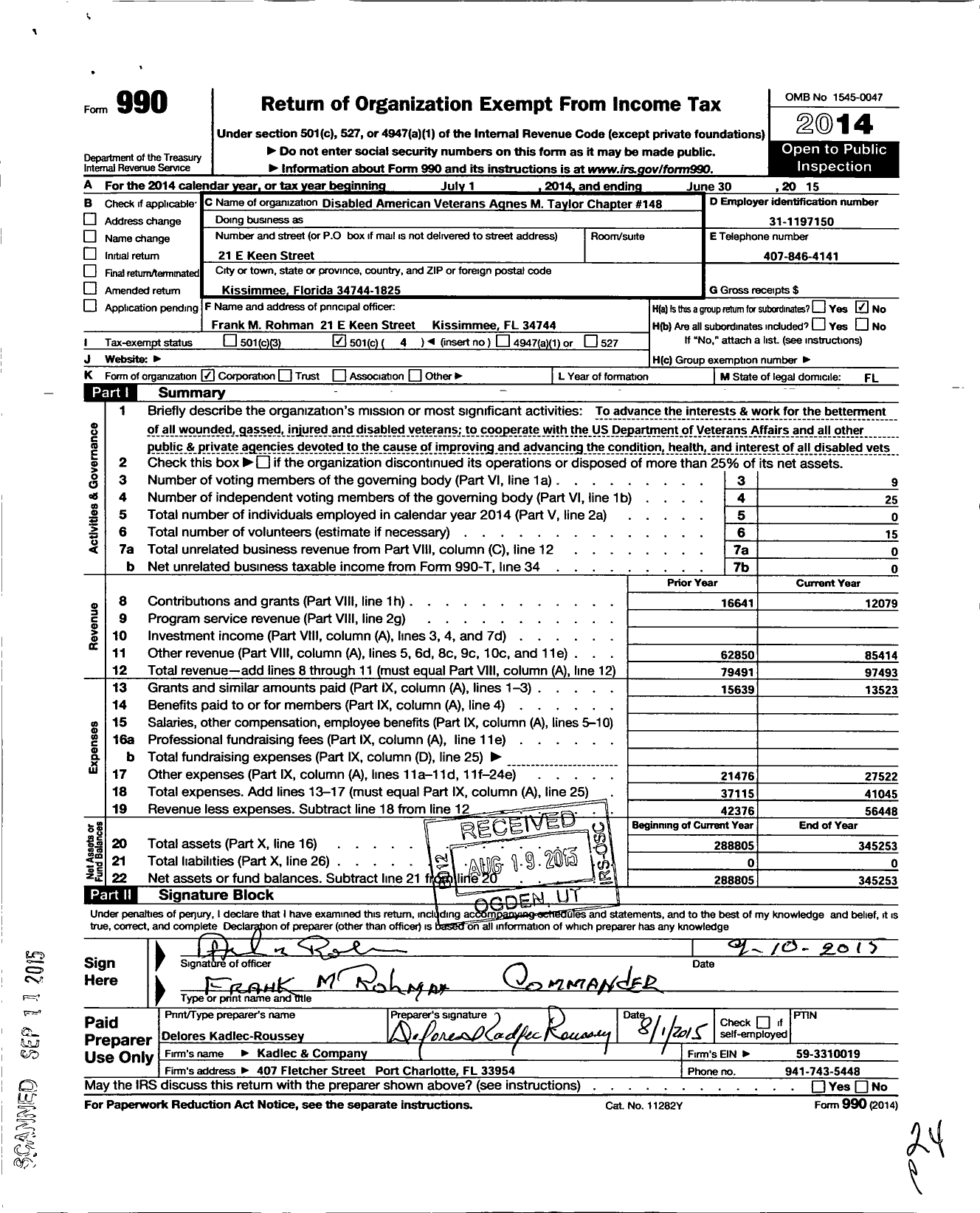 Image of first page of 2014 Form 990O for Disabled American Veterans - 148 Agnes M Taylor