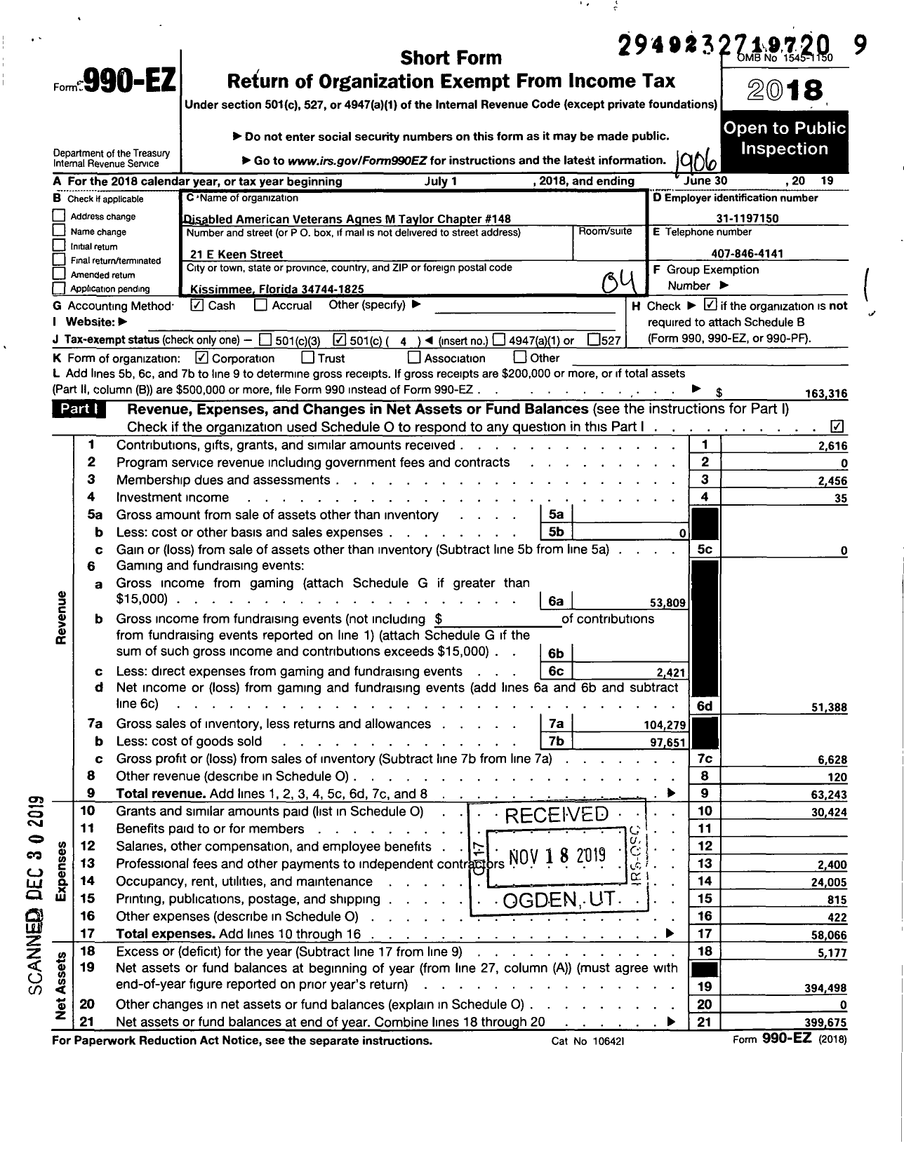 Image of first page of 2018 Form 990EO for Disabled American Veterans - 148 Agnes M Taylor