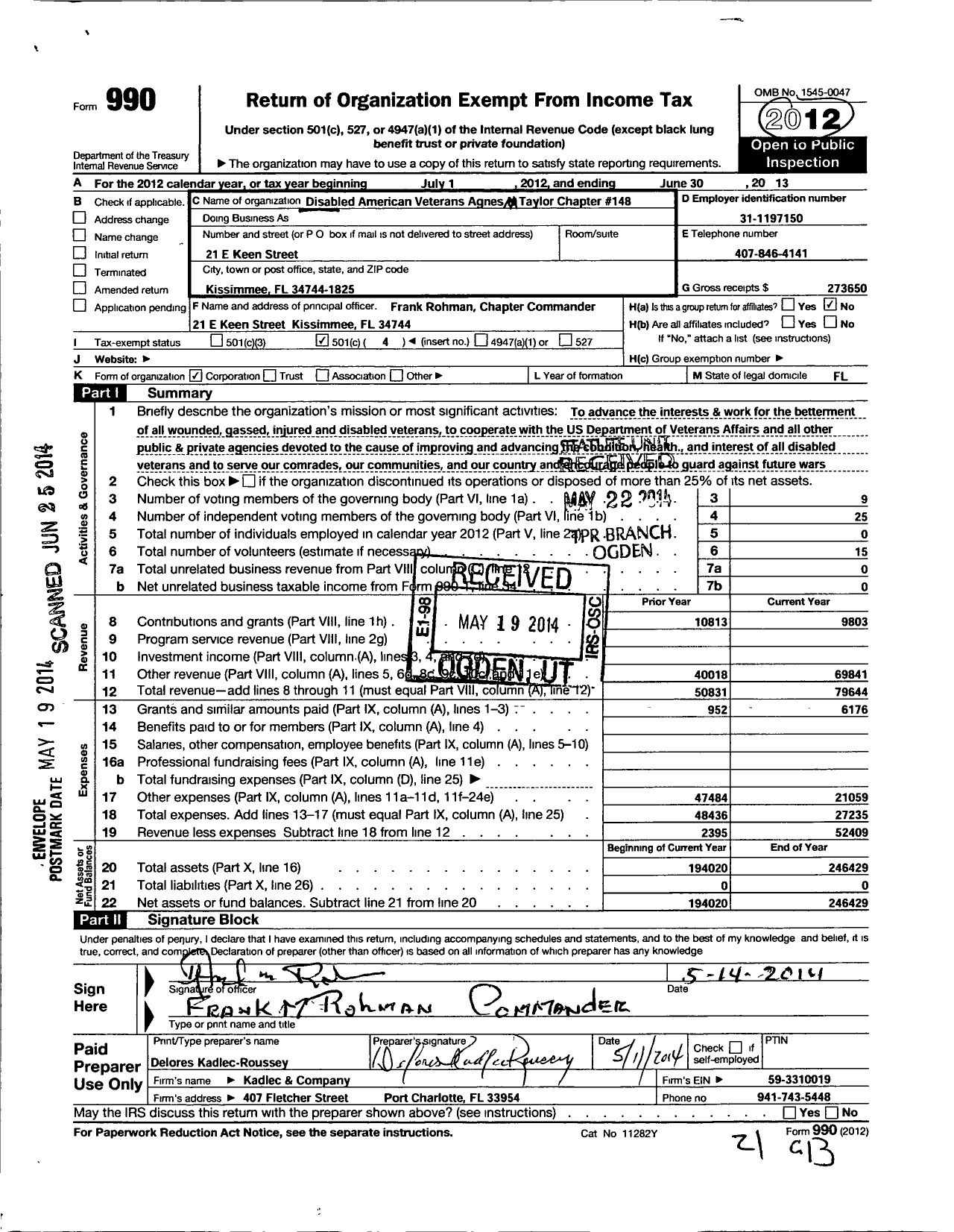 Image of first page of 2012 Form 990O for Disabled American Veterans - 148 Agnes M Taylor