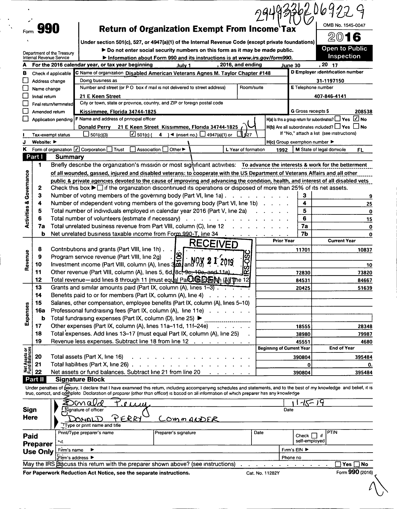 Image of first page of 2016 Form 990O for Disabled American Veterans - 148 Agnes M Taylor