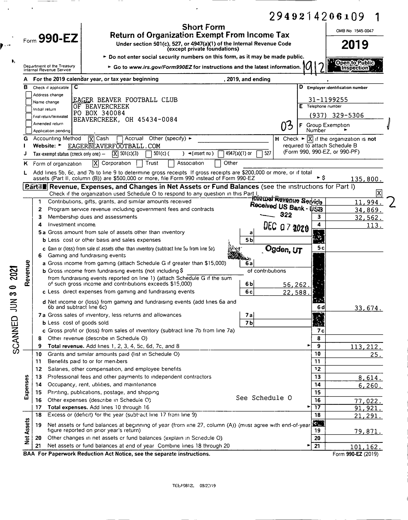 Image of first page of 2019 Form 990EZ for Eager Beaver Football Club of Beavercreek