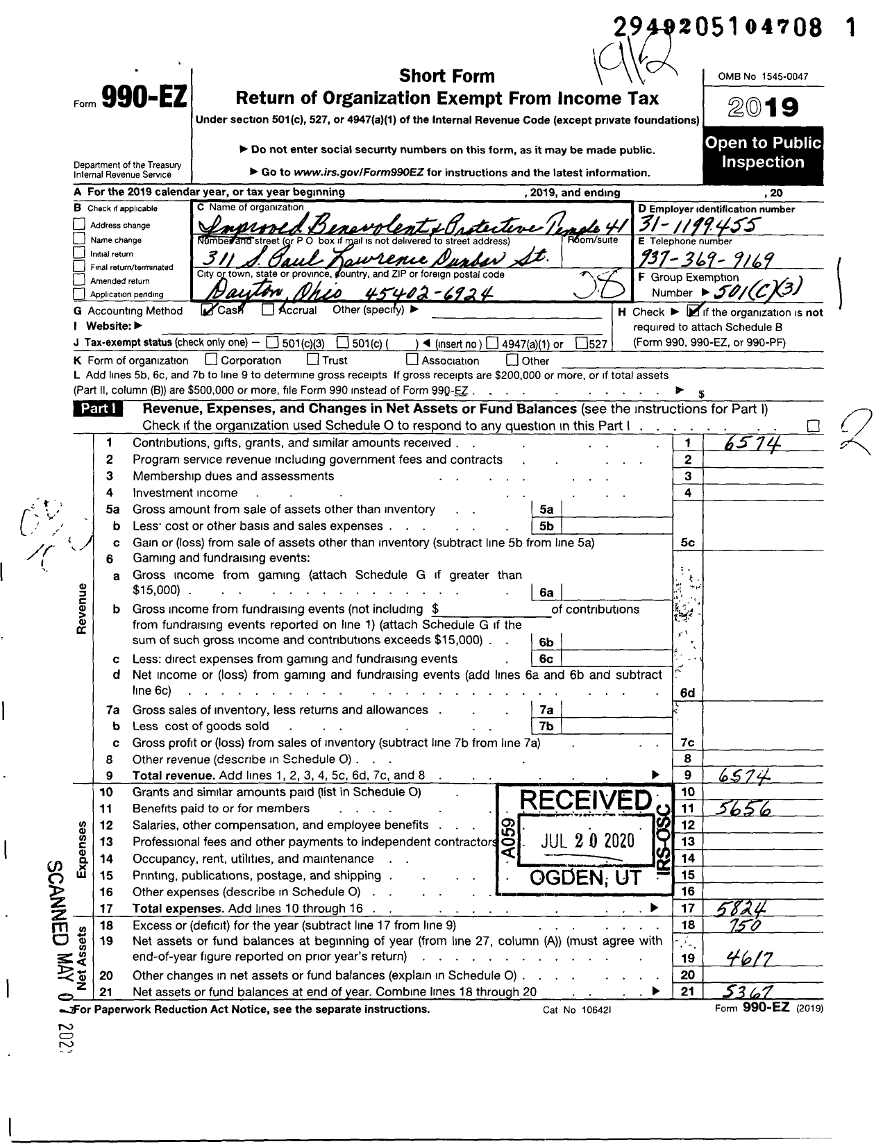 Image of first page of 2019 Form 990EO for Improved Benevolent and Protective Order of Elks of the World - Royal Temple 41