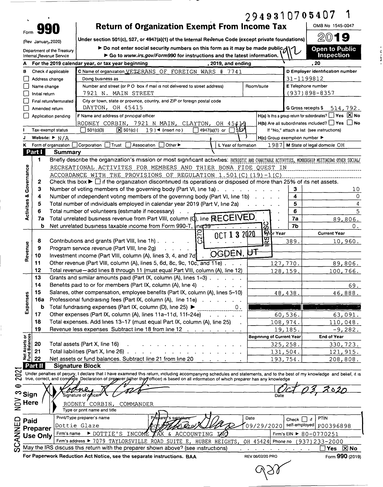 Image of first page of 2019 Form 990O for Ohio VFW - 7741 Post