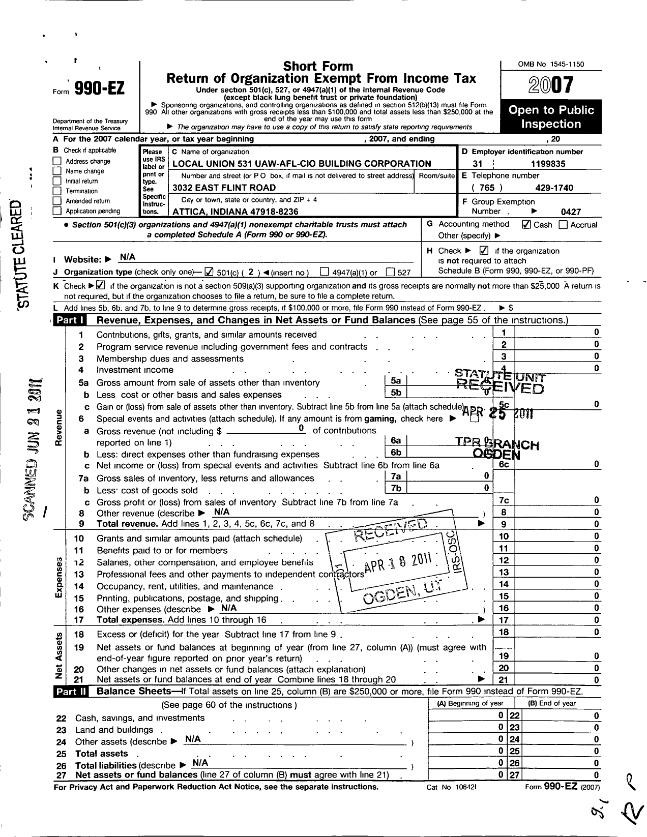 Image of first page of 2007 Form 990EO for Local Union No 531 Uaw-Afl-Cio Building Corporation