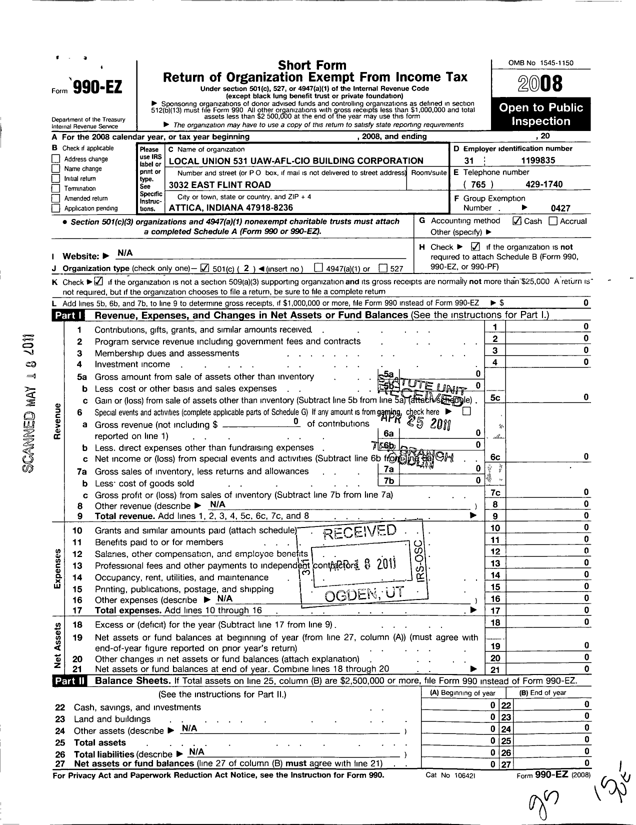 Image of first page of 2008 Form 990EO for Local Union No 531 Uaw-Afl-Cio Building Corporation