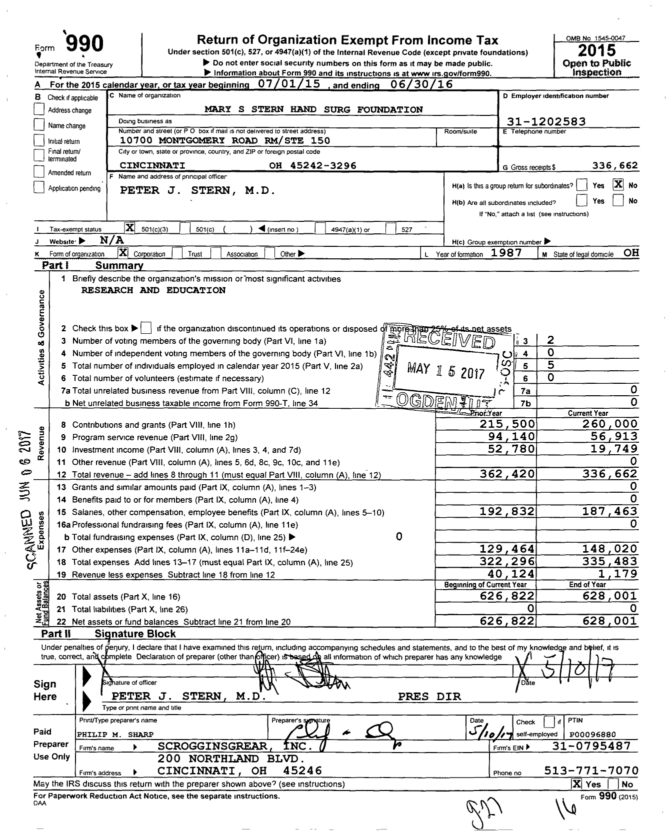 Image of first page of 2015 Form 990 for Mary S Stern Hand Surgery Foundation