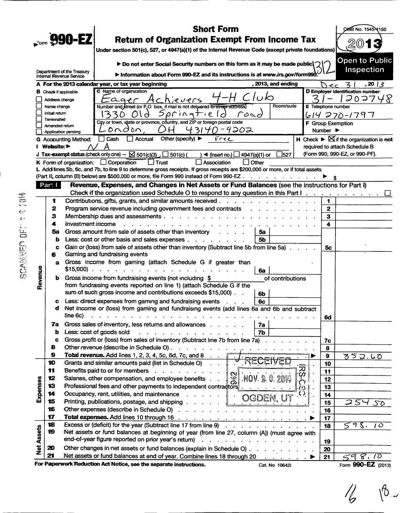 Image of first page of 2013 Form 990EZ for The Ohio State University / Eager Achievers 4-H Club of Madison