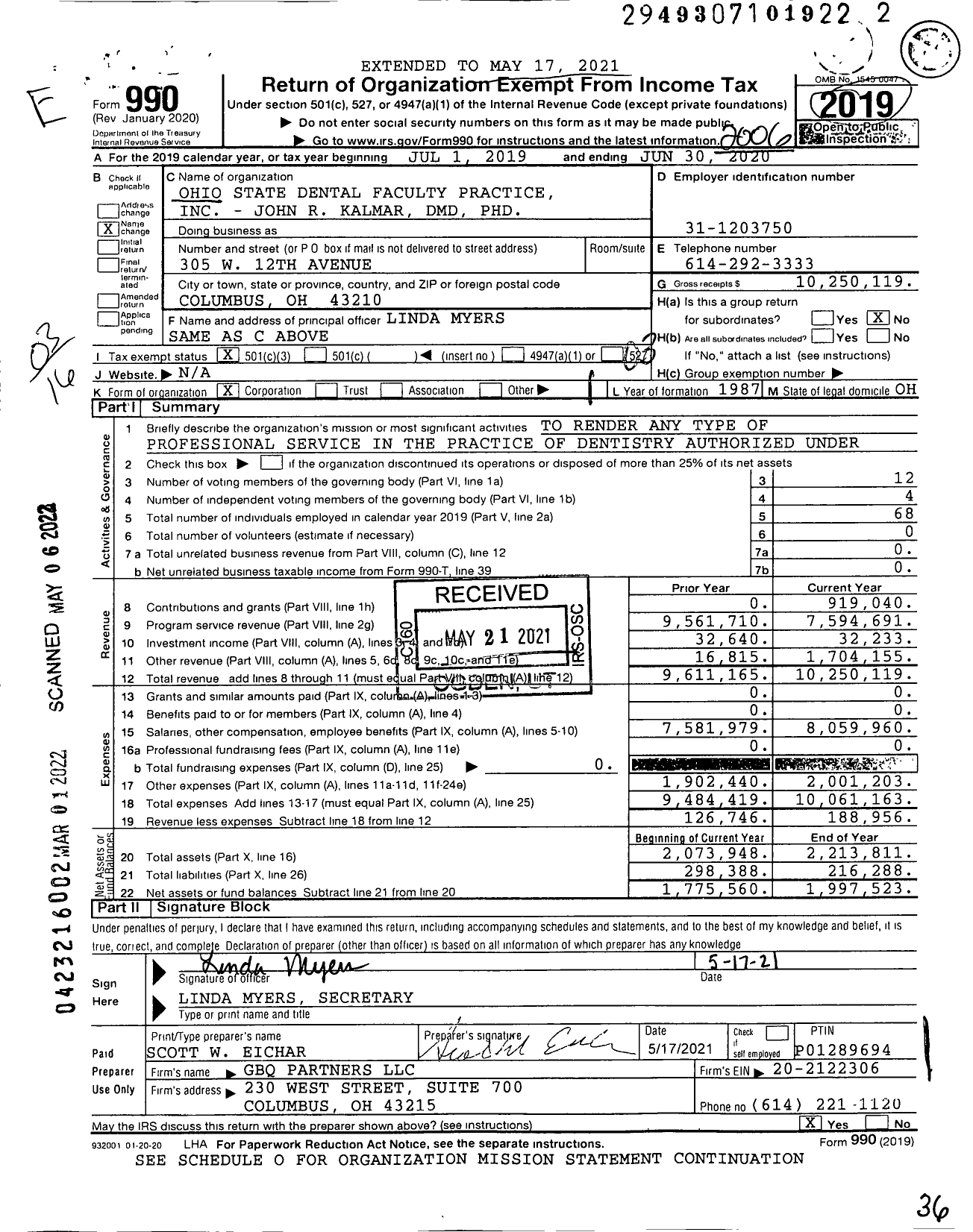 Image of first page of 2019 Form 990 for Ohio State Dental Faculty Practice - John R Kalmar DMD PHD