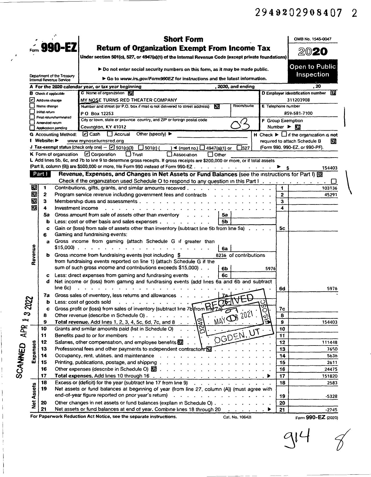 Image of first page of 2020 Form 990EZ for My Nose Turns Red Theatre Company