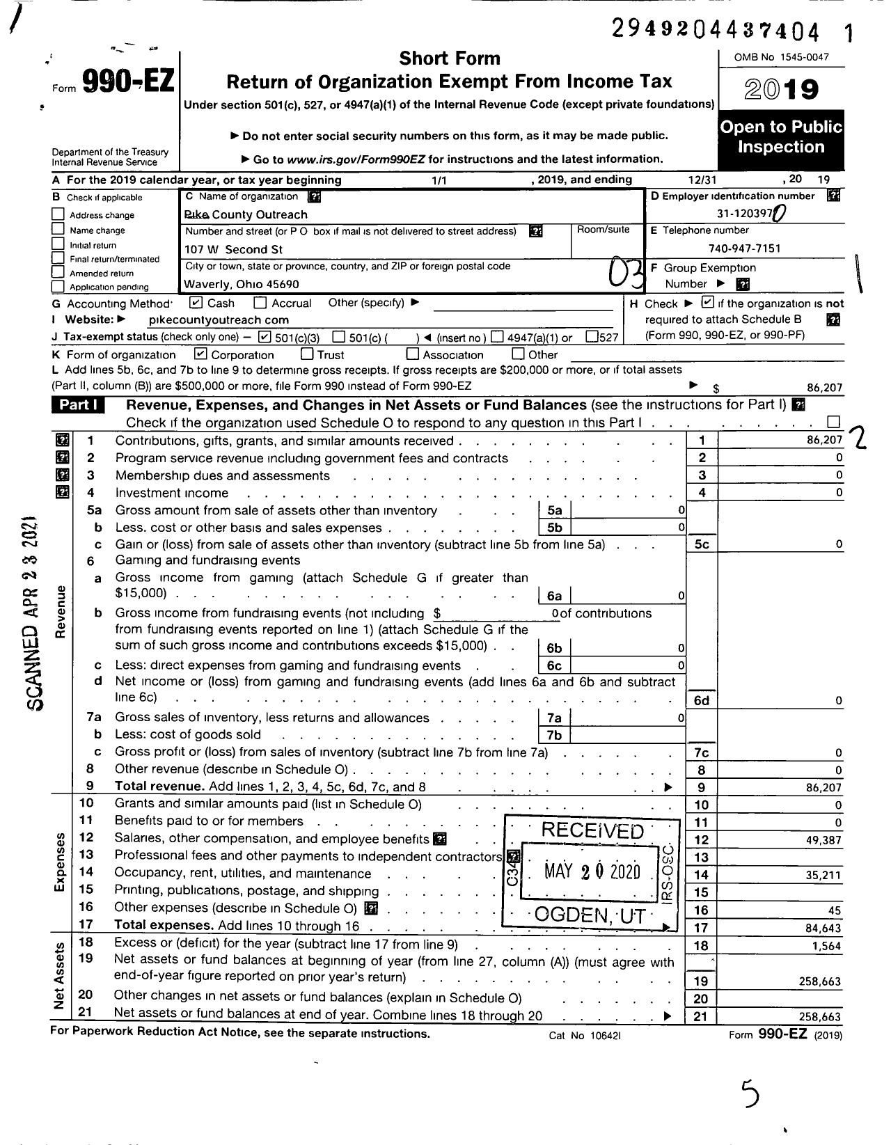 Image of first page of 2019 Form 990EZ for The Pike County Outreach Council of Churches