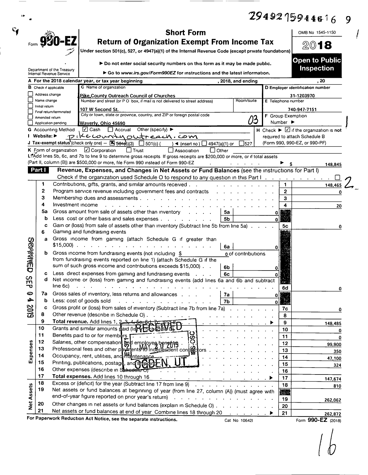 Image of first page of 2018 Form 990EZ for The Pike County Outreach Council of Churches