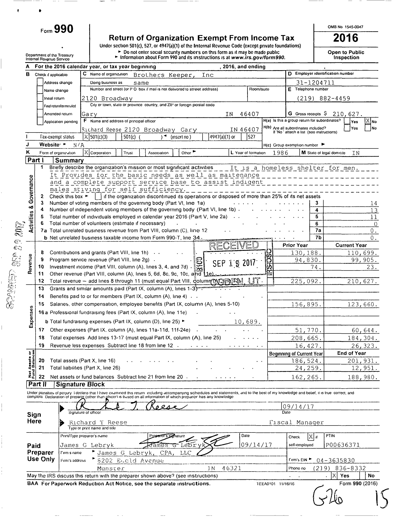 Image of first page of 2016 Form 990 for Brothers Keeper