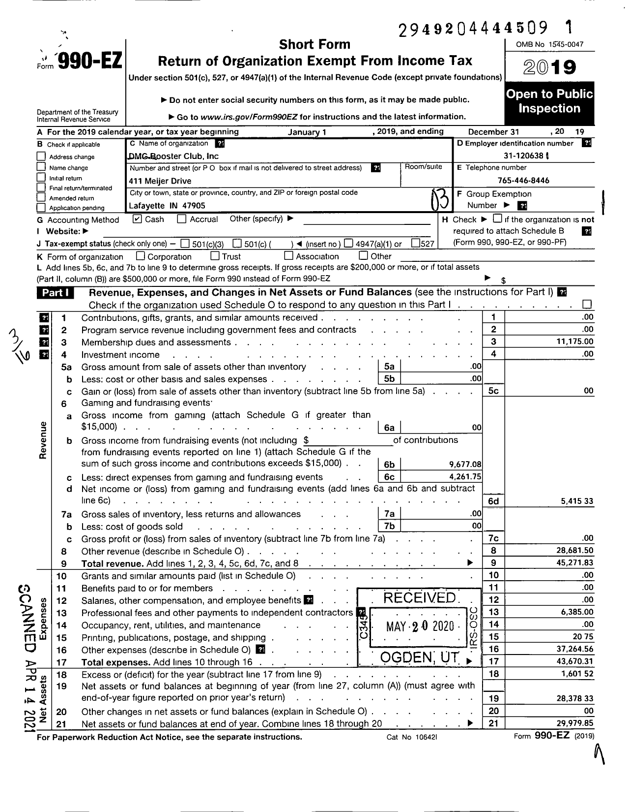 Image of first page of 2019 Form 990EZ for DMG Booster Club