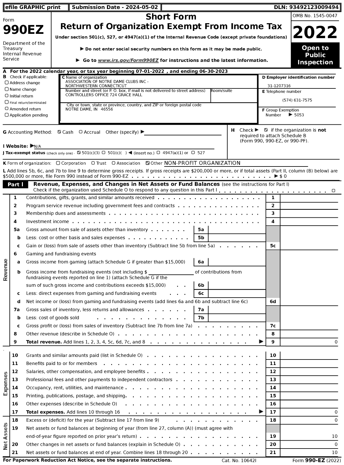 Image of first page of 2022 Form 990EZ for Association of Notre Dame Clubs - Northwestern Connecticut