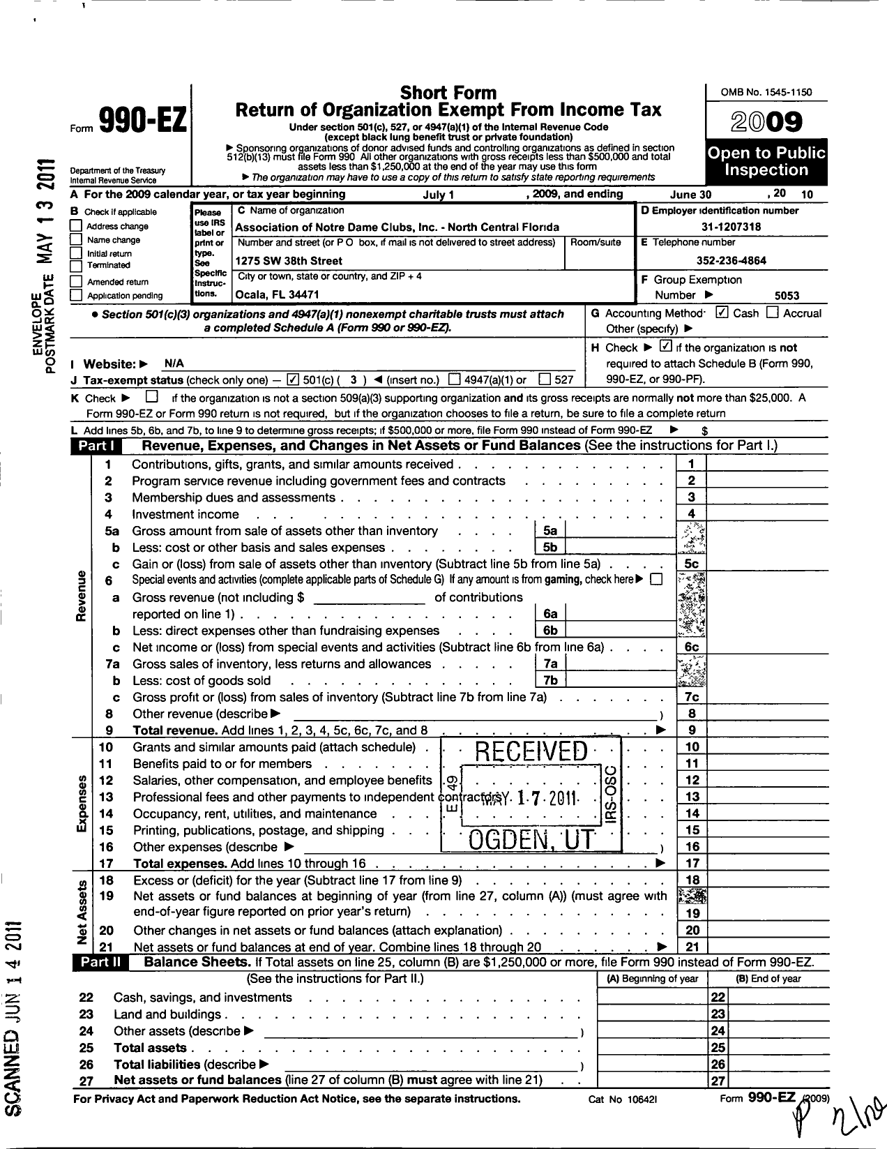 Image of first page of 2009 Form 990EZ for Association of Notre Dame Clubs Inc - North Central Florida