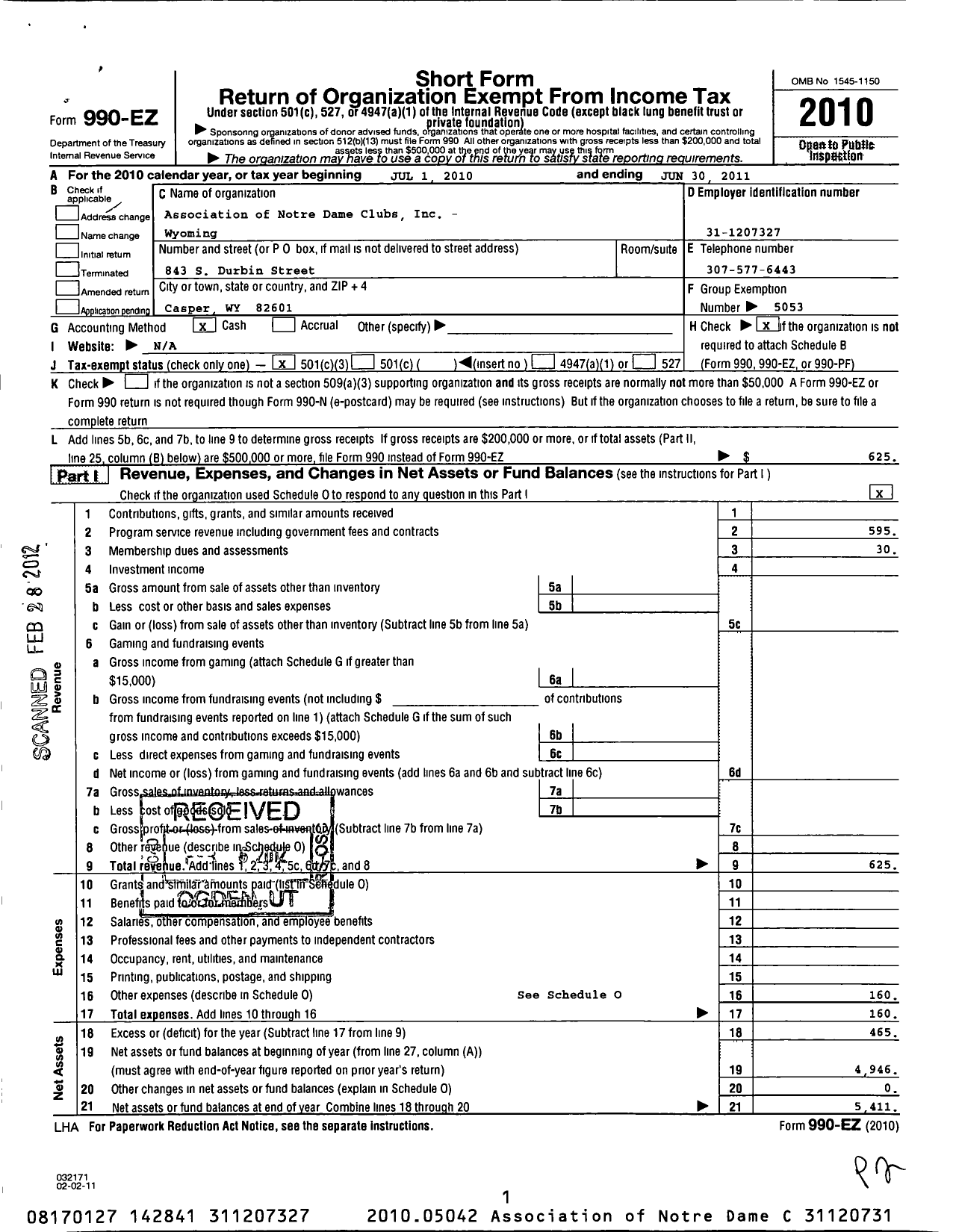 Image of first page of 2010 Form 990EZ for Association of Notre Dame Clubs Inc - Wyoming