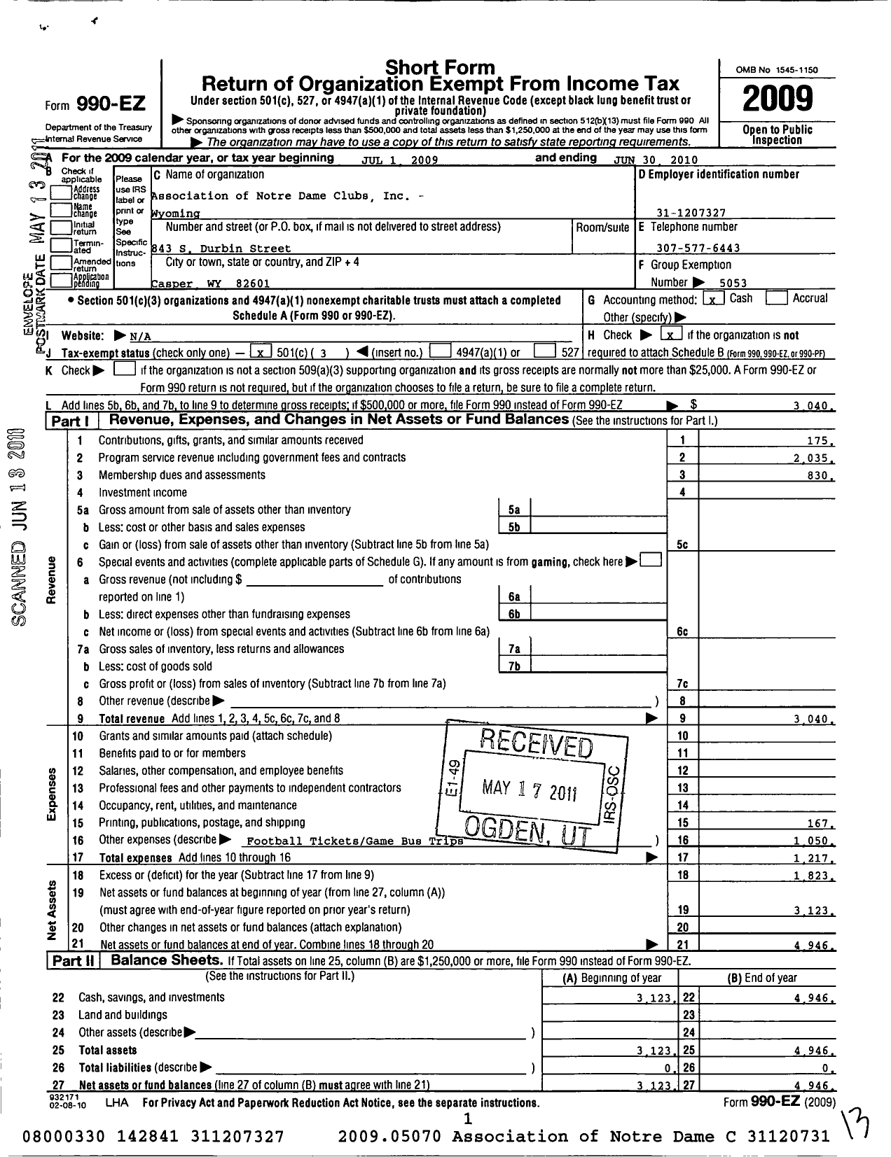 Image of first page of 2009 Form 990EZ for Association of Notre Dame Clubs Inc - Wyoming