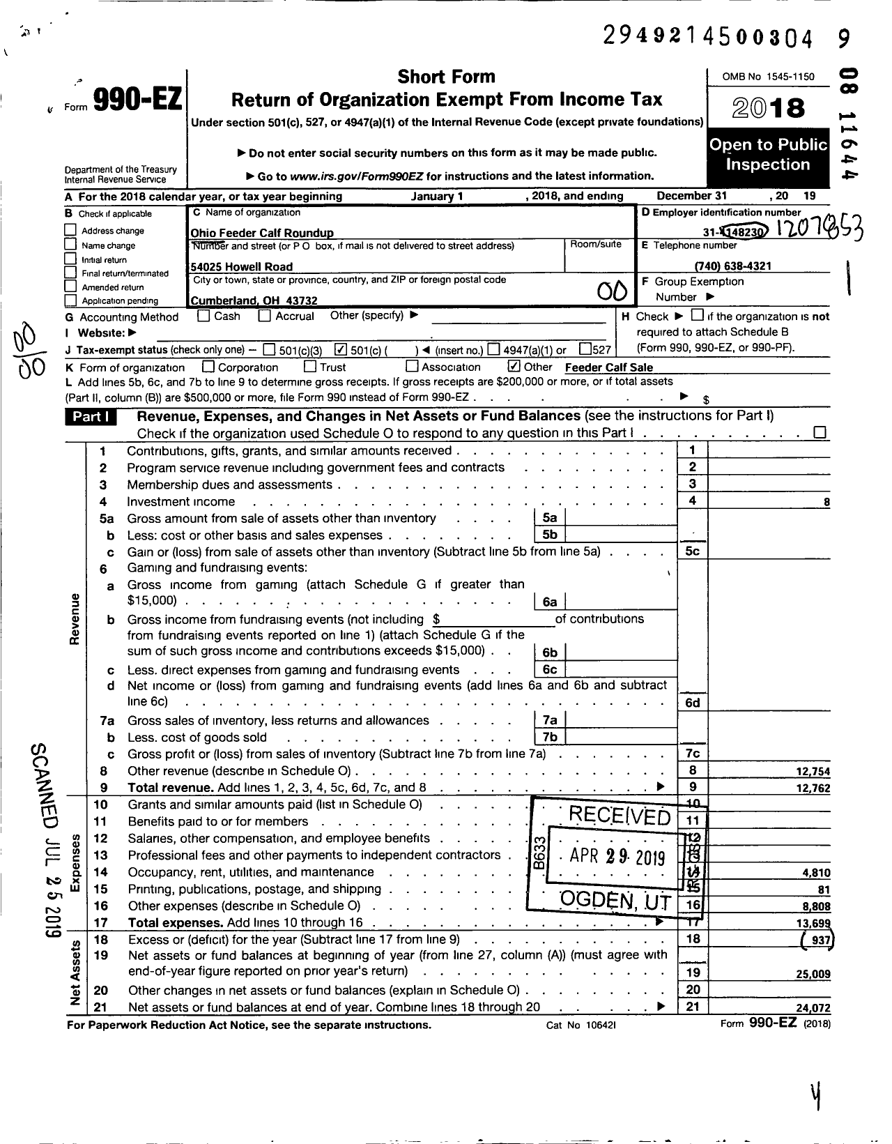 Image of first page of 2019 Form 990EO for Ohio Feeder Calf Roundup