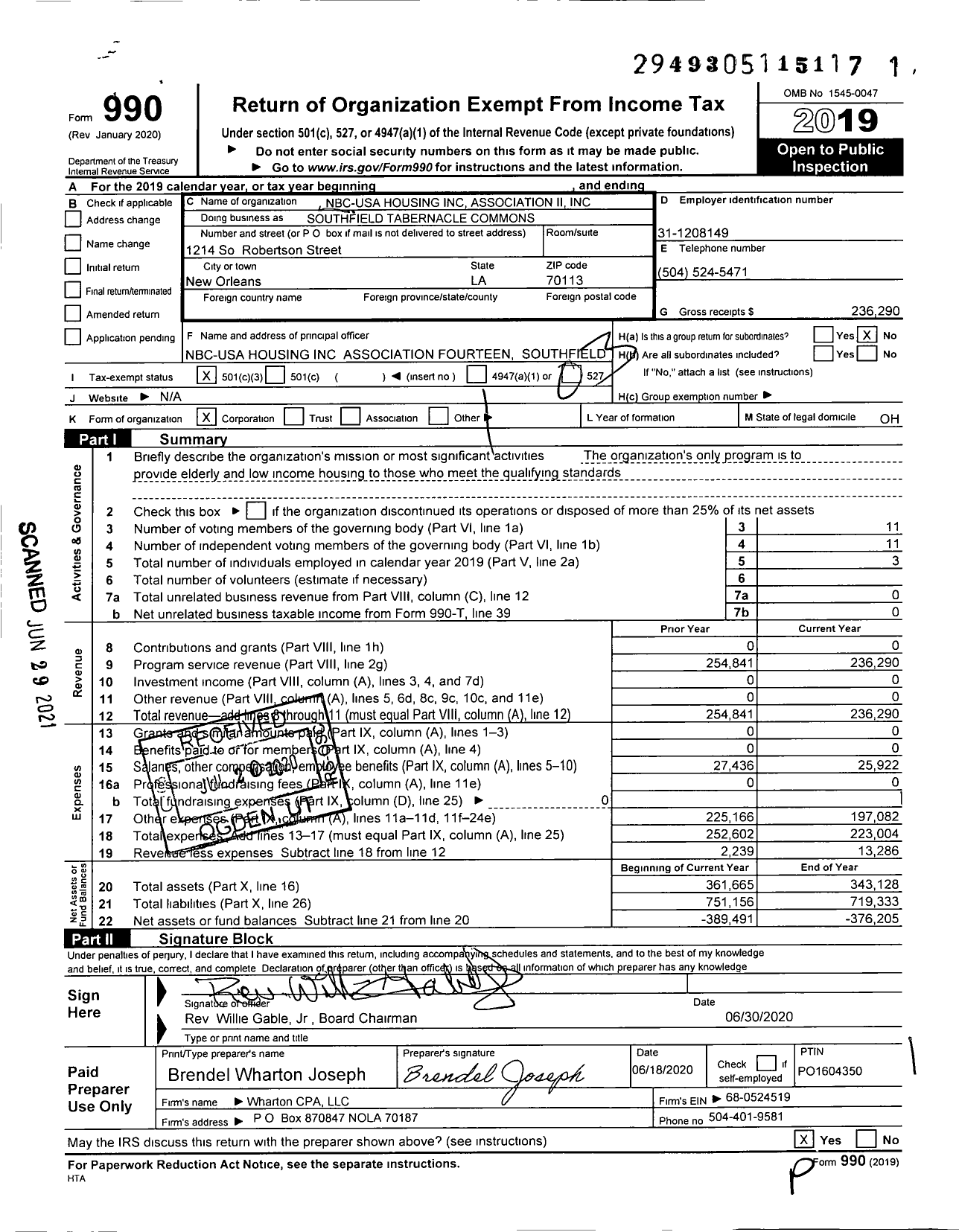 Image of first page of 2019 Form 990 for Southfield Tabernacle Commons