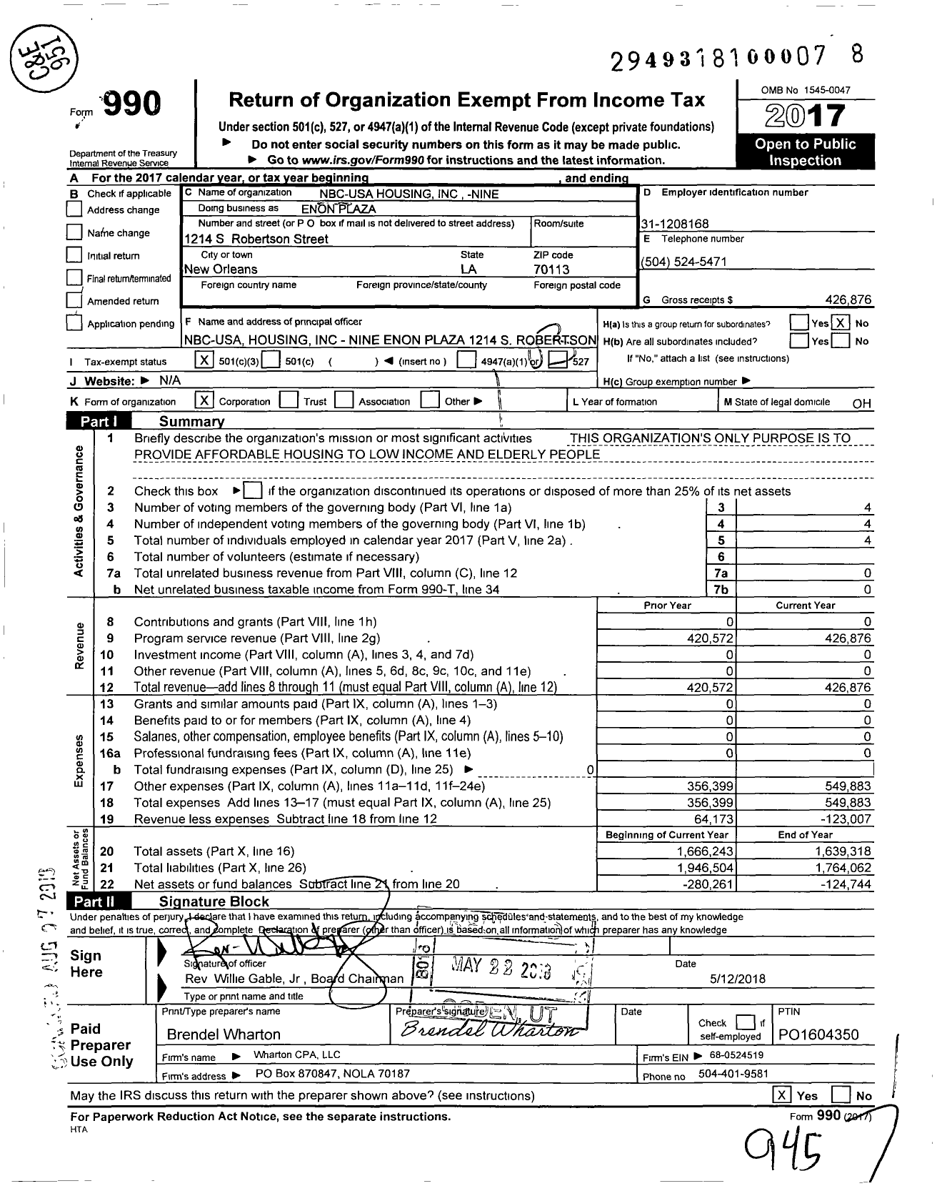 Image of first page of 2017 Form 990 for Enon Plaza