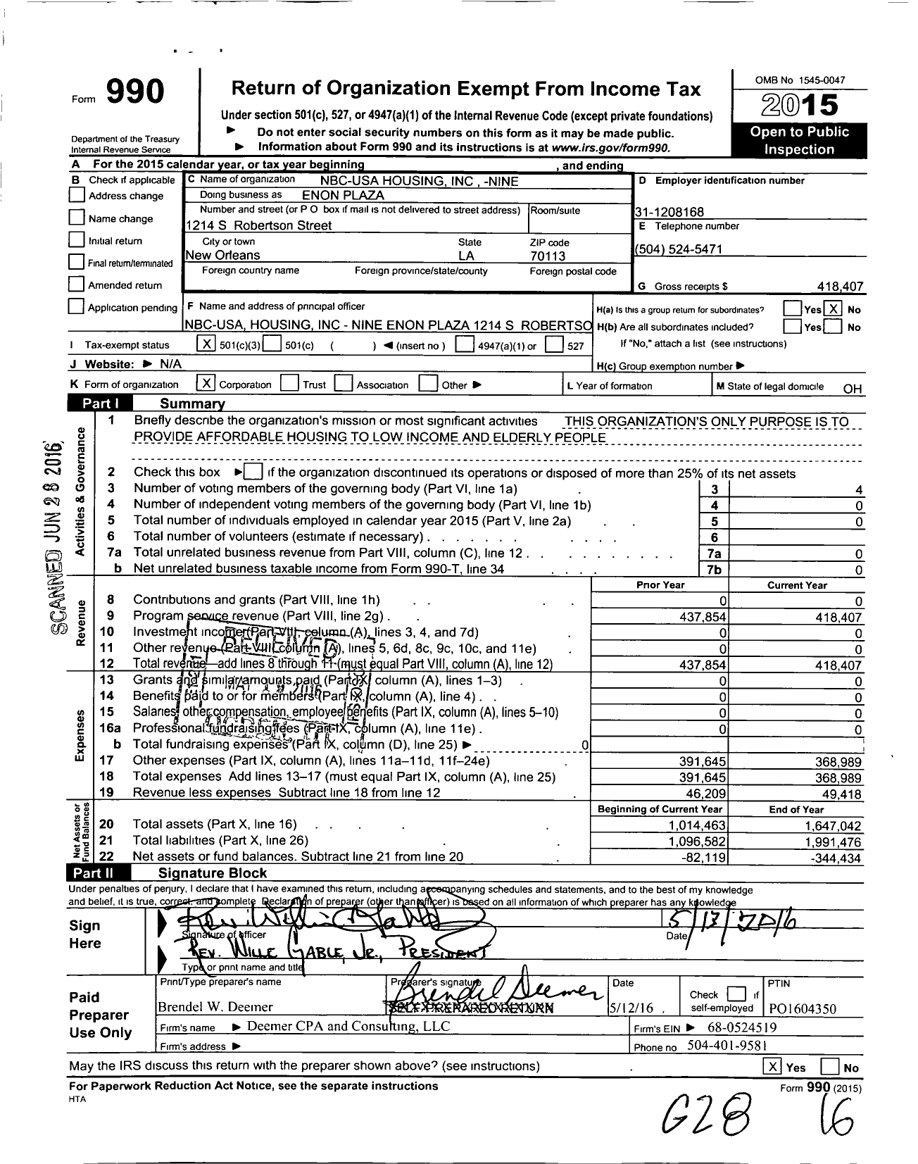 Image of first page of 2015 Form 990 for Enon Plaza