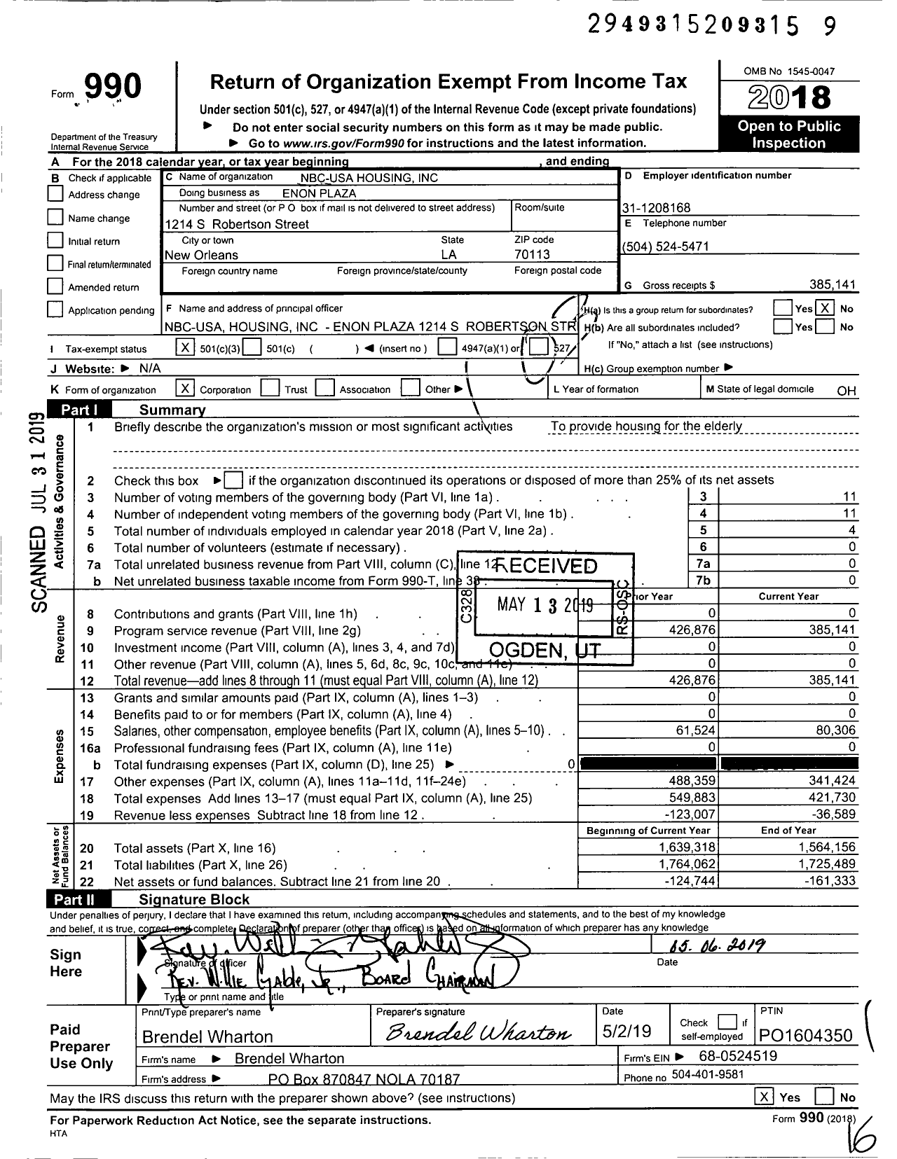 Image of first page of 2018 Form 990 for Enon Plaza