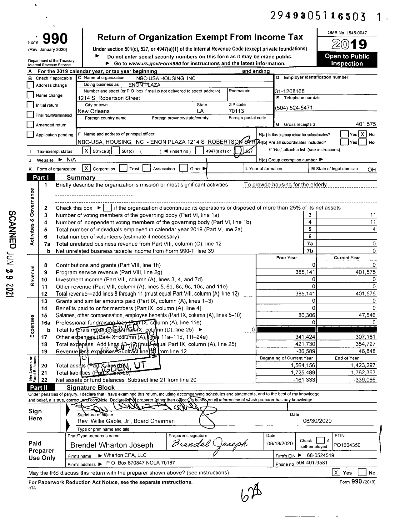 Image of first page of 2019 Form 990 for Enon Plaza
